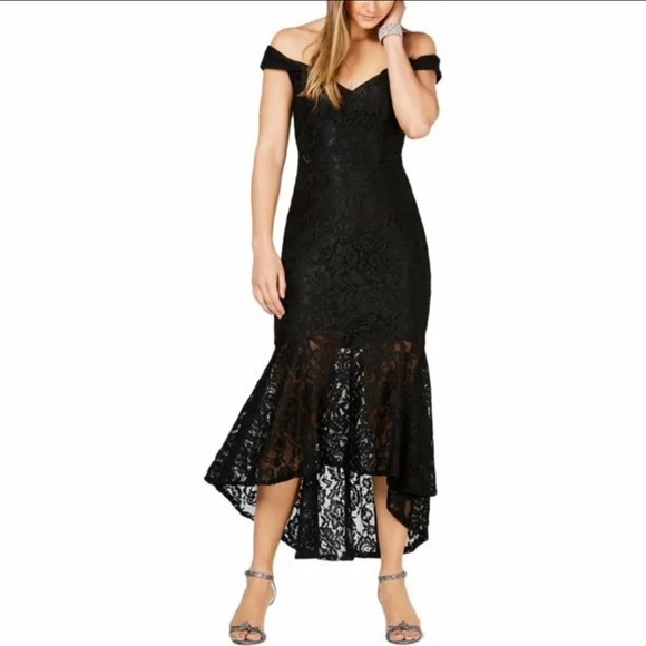 XSCAPE Dress Size 4 Black Allover Lace Off The Shoulder Midi Hi-Low - Picture 3 of 7